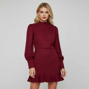 Express Burgundy Red Wine Mock Neck Puff Sleeve Ruffle Hem Mini Dress Size XS